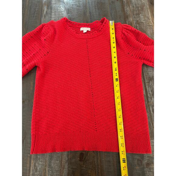Puff Sleeve Sweater Womens Size Medium Red Pointelle Knit Crewneck - Picture 3 of 7